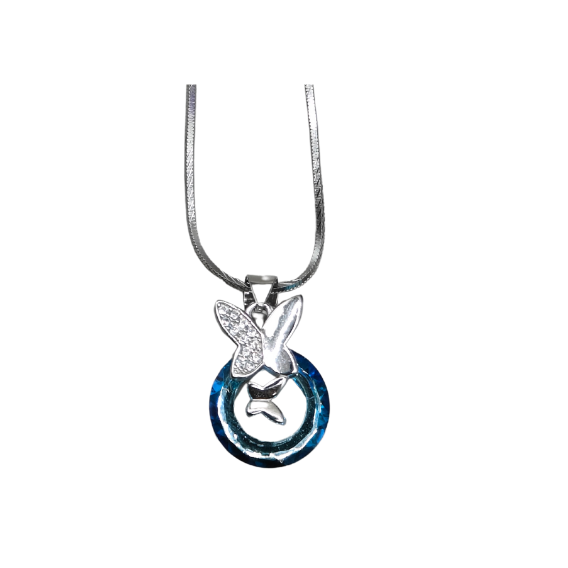 Silver and blue pendant necklace on a white background